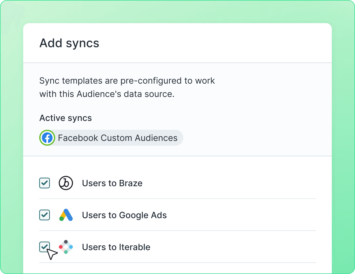 Sync your audiences to any
CRM, email, or ad platform