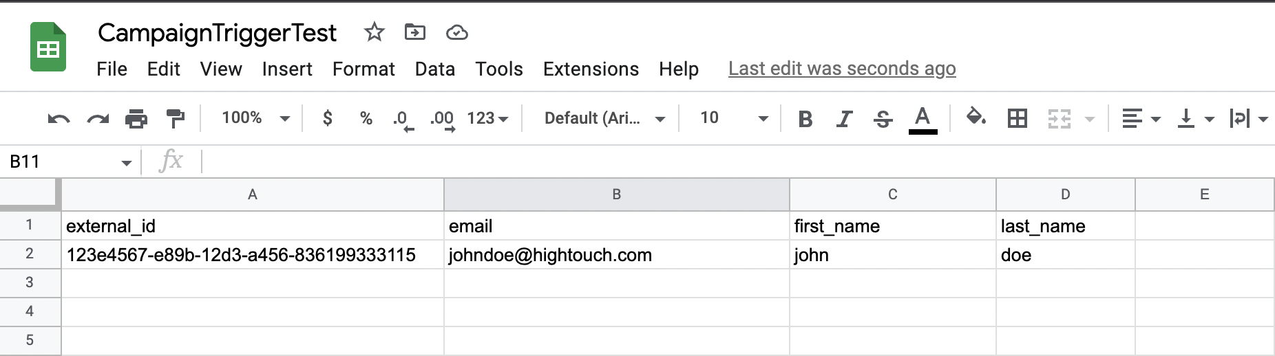 Screenshot of Google Sheet with test information