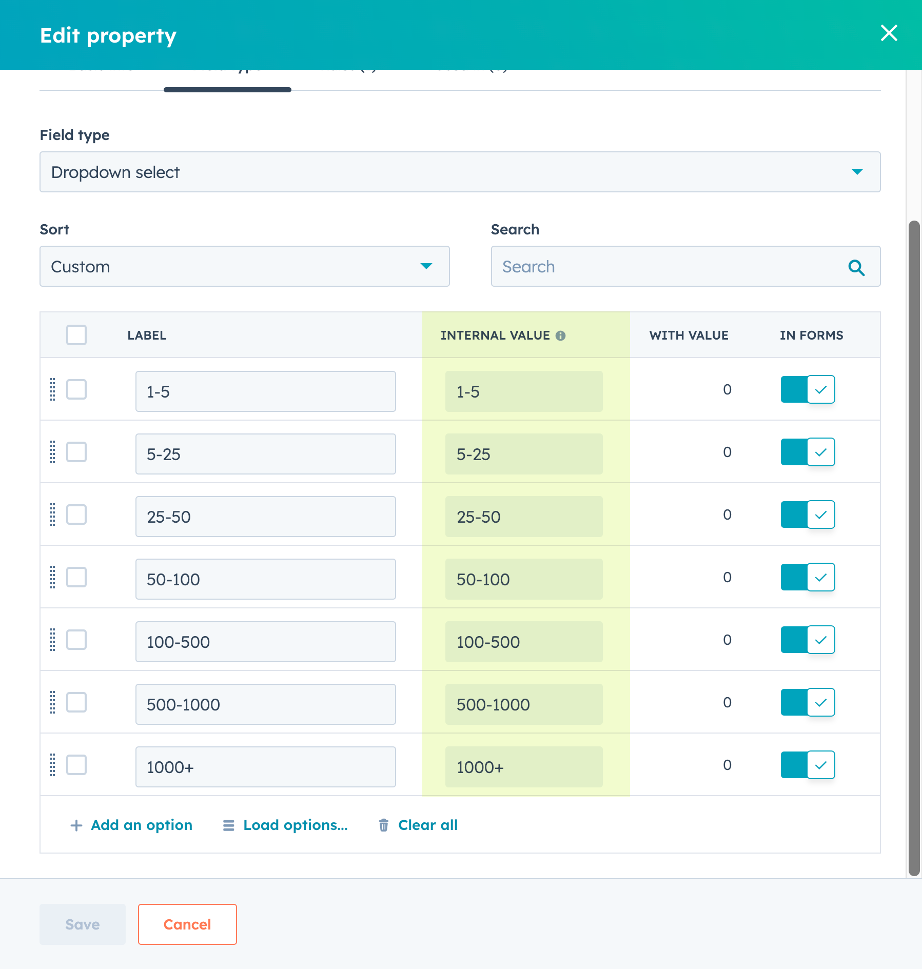 Dropdown select internal values in HubSpot