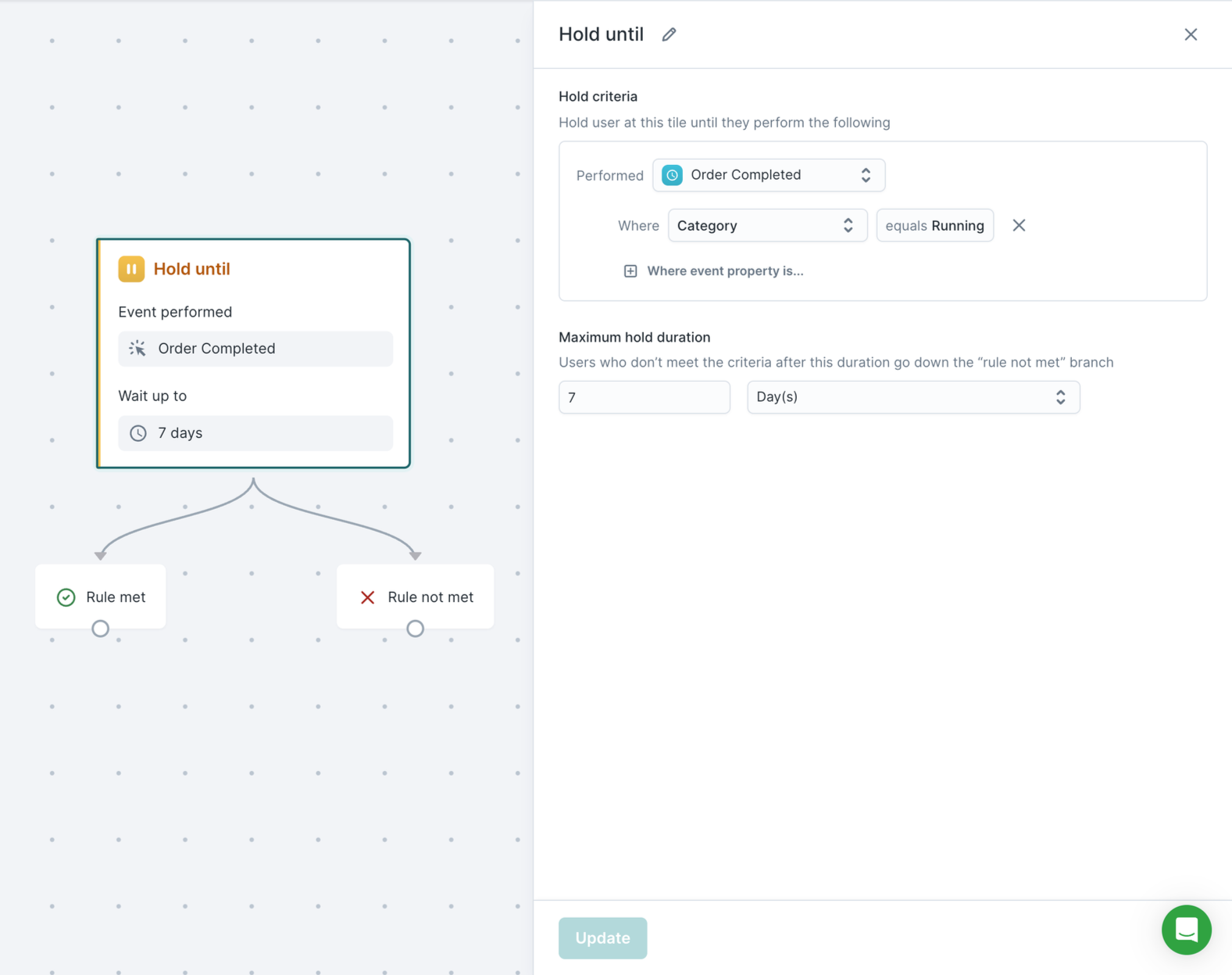 Viewing a hold until tile's configuration in a Journey in the Hightouch UI