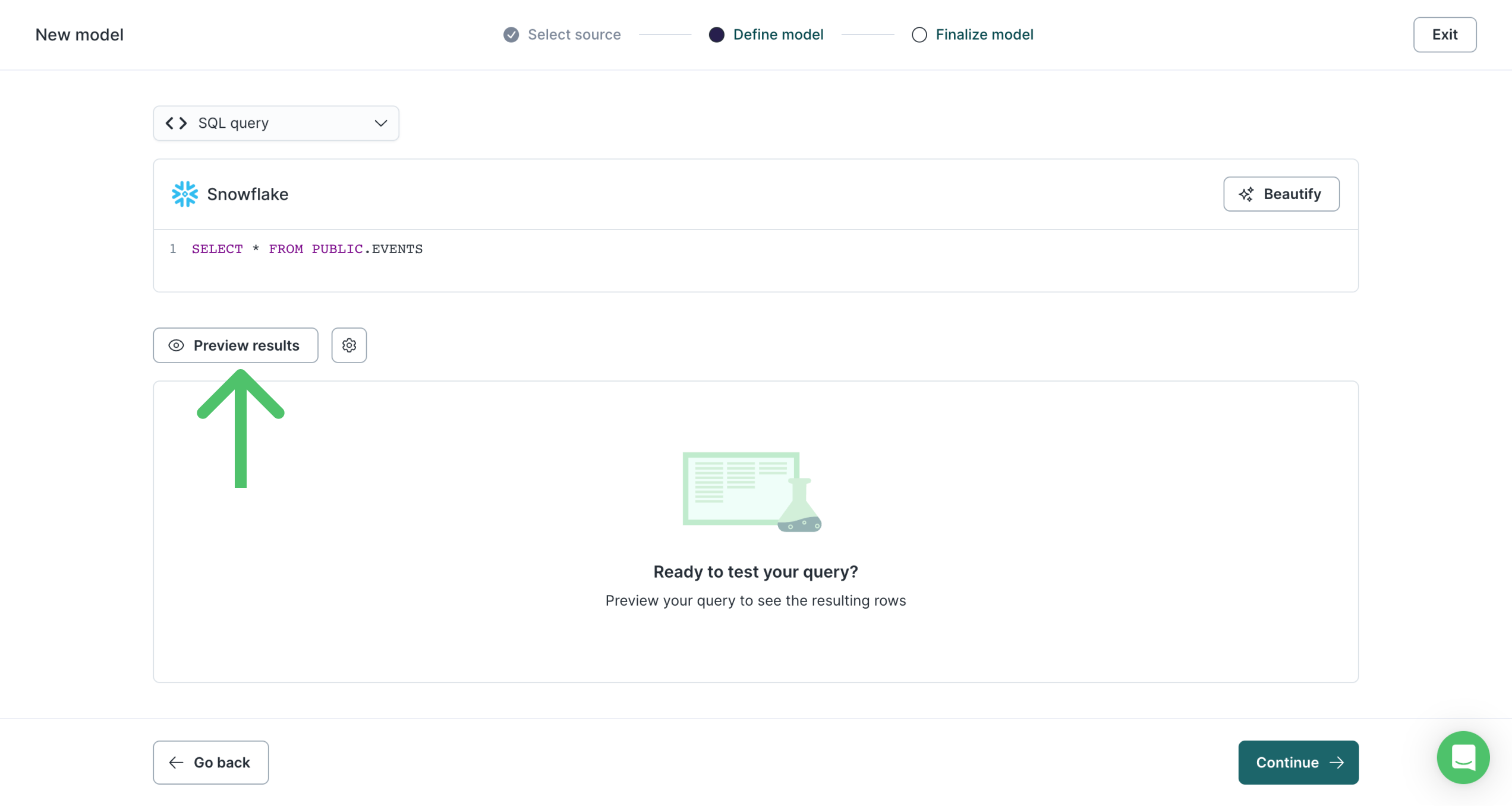 Previewing a new model's query results